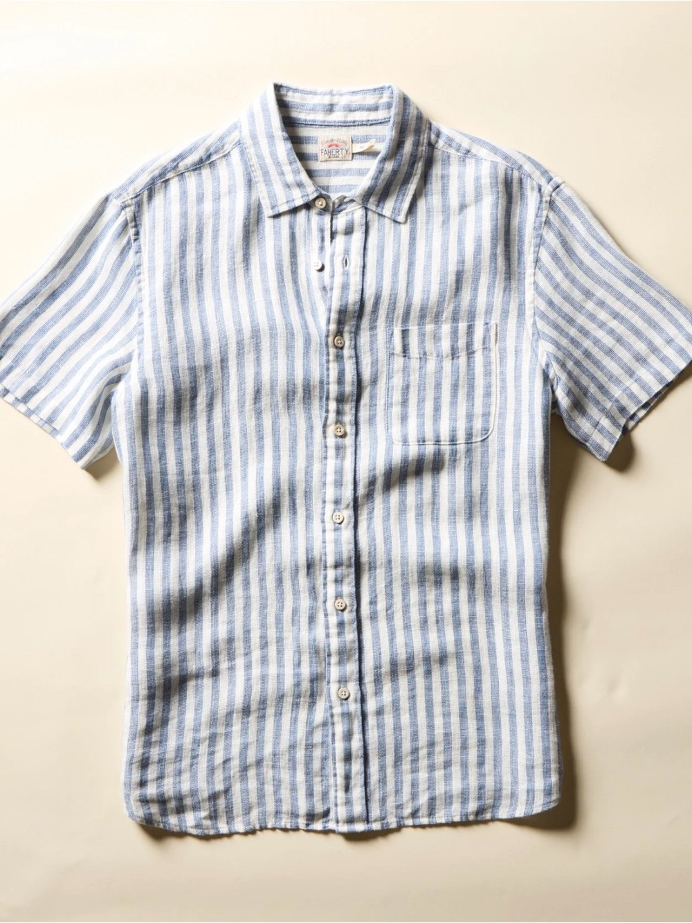 Faherty Button Front Short Sleeve Palma Linen Shirt Horizon Ivory Stripe Mens - Picture 3 of 8